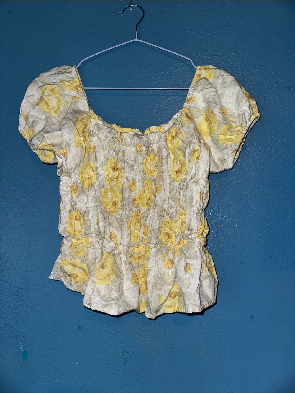 Yellow Floral Smocked Puff-Sleeve Blouse